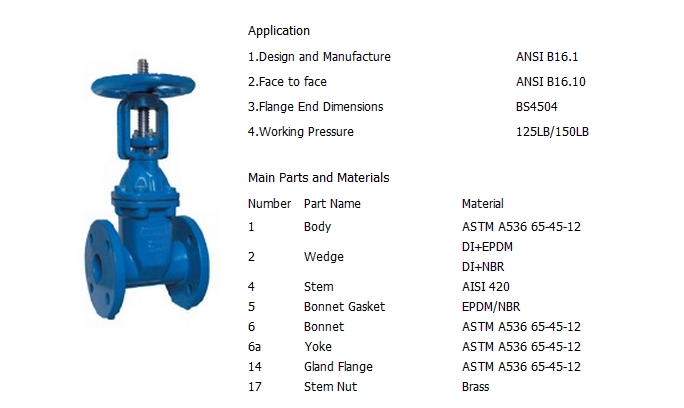 铸铁明杆软密封闸阀,美标125LB